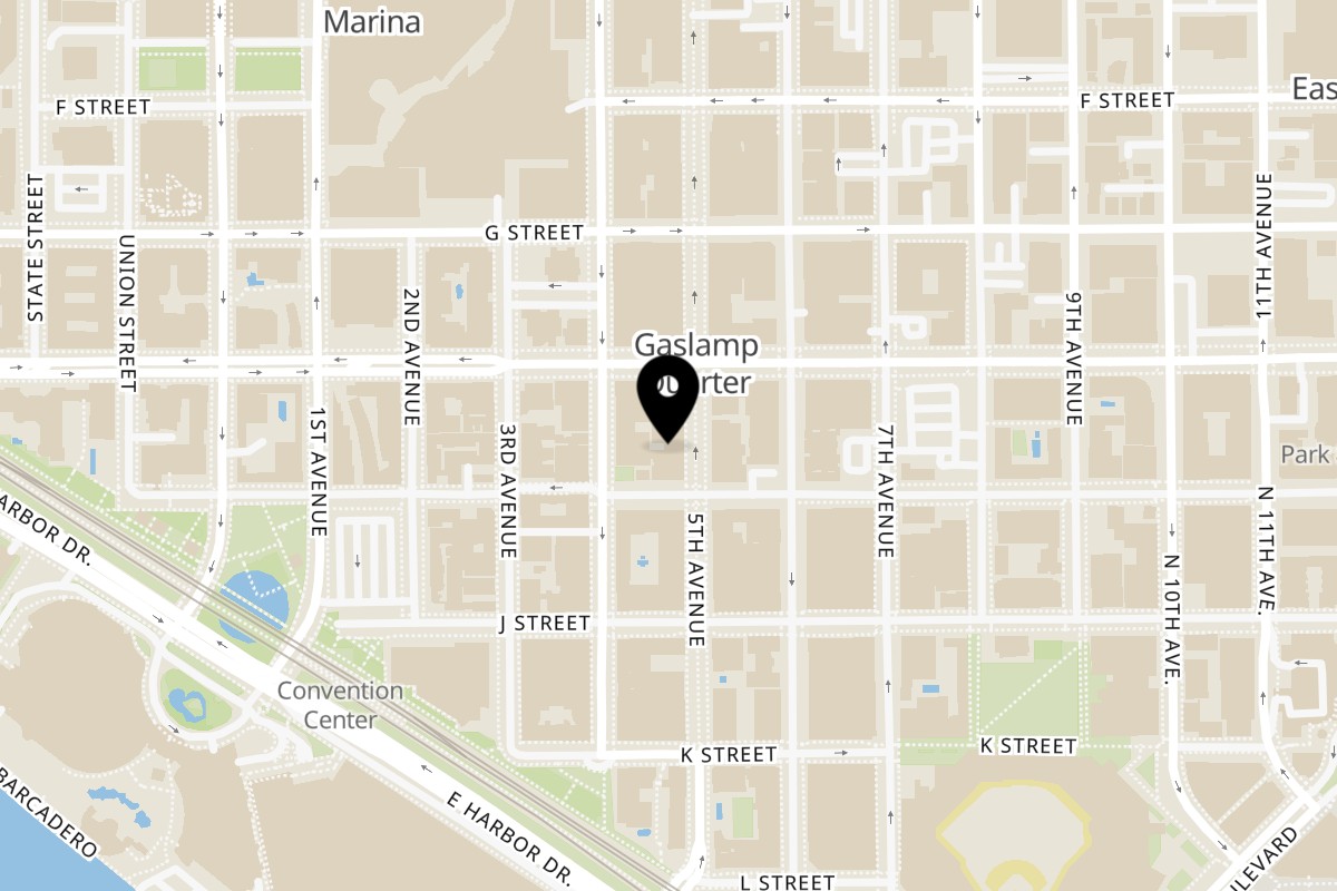 Map showing the location of Tacos El Franc Gaslamp Quarter on 528 Fifth Ave in San Diego